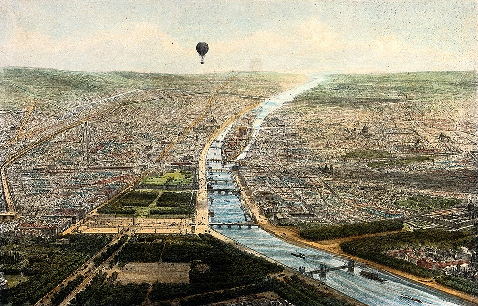 File:A hot-air balloon travels over part of Paris giving an aeria Wellcome V0040903.jpg
