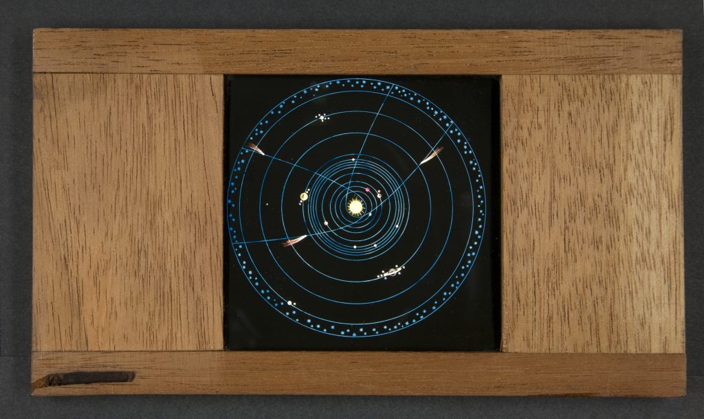 Laterna magica picture painted in color on glass plate. Pictures from the solar system.