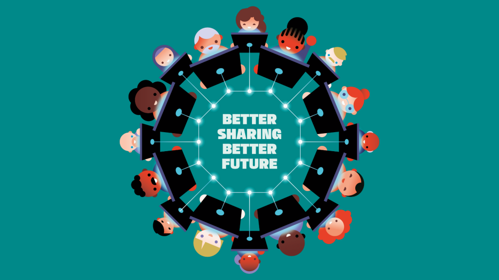 An illustrated graphic depicting a diverse group of individuals in a circle, on their laptops, connected by a string of lights, with the message 