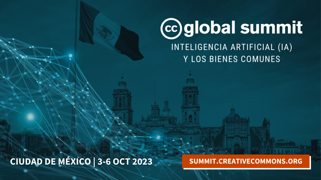 Una foto teñida de azul de una bandera mexicana gigante ondeando sobre la Plaza Zócalo de la Ciudad de México con la Catedral al fondo, superpuesta con líneas de conexión neuronal en la esquina inferior izquierda y decorada con el logotipo de CC Global Summit y el texto que dice 