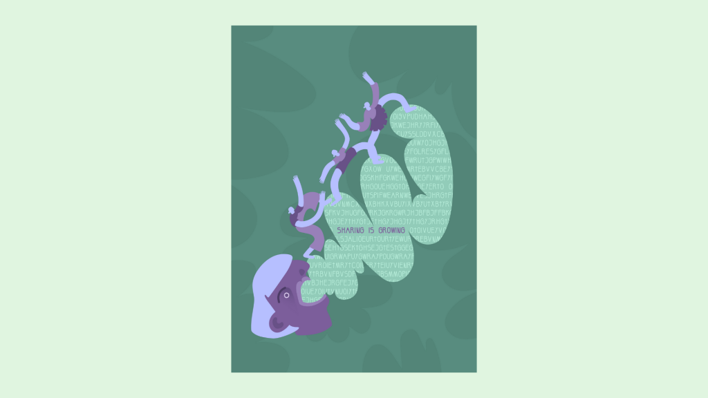 An illustration of a violet face speaking SHARING IS GROWING in stylized speech bubbles that tiny violet human figures climb across, all on a grayish-green background.